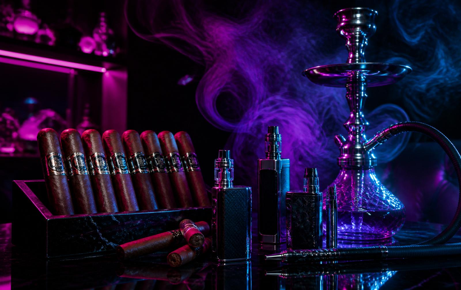 Cigars, vapes and hookah in neon light at Smoke Factory Plant City