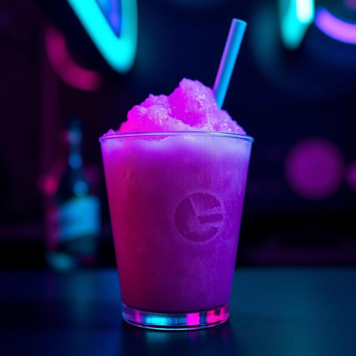 Purple THC slushie glowing under neon light